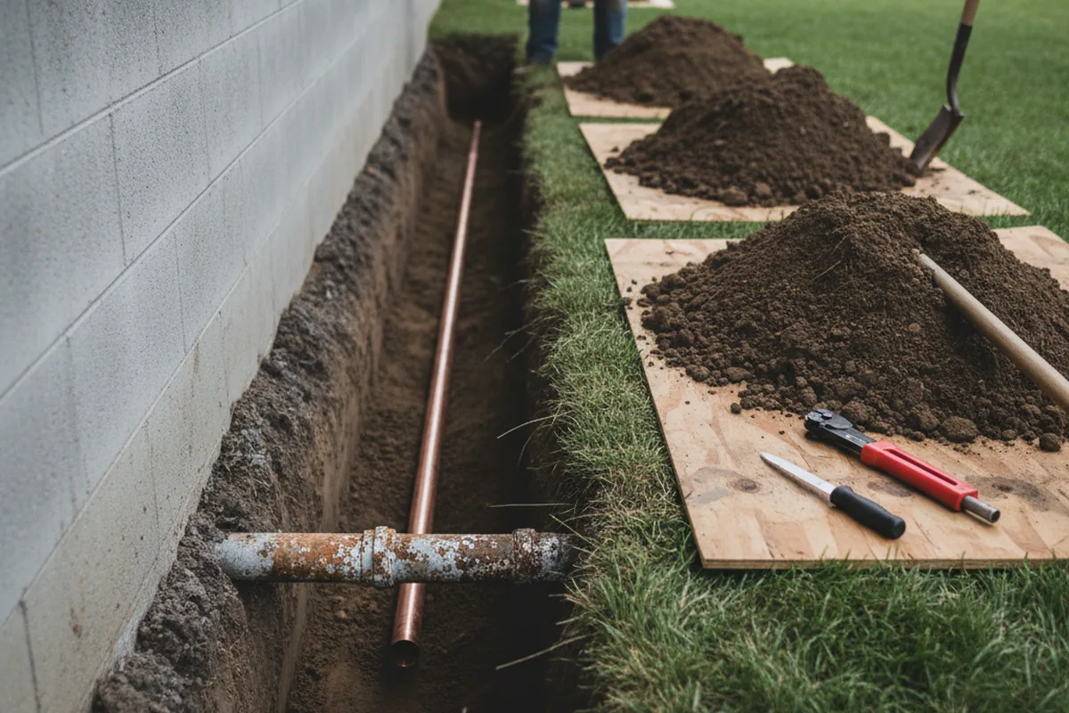 Excavated water line trench during Sewer Line Repair in Putney
